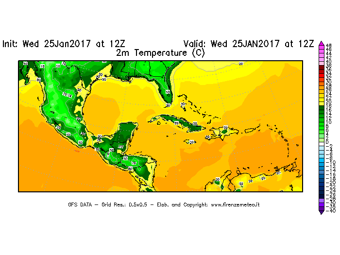 Mappa di analisi GFS - Temperatura a 2 metri dal suolo [°C] in Centro-America
							del 25/01/2017 12 <!--googleoff: index-->UTC<!--googleon: index-->