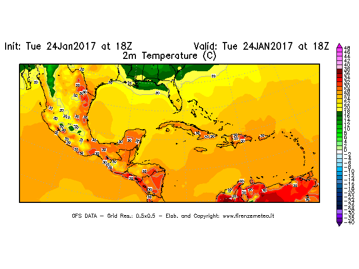 Mappa di analisi GFS - Temperatura a 2 metri dal suolo [°C] in Centro-America
							del 25/01/2017 18 <!--googleoff: index-->UTC<!--googleon: index-->