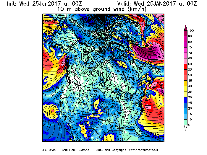 Mappa di analisi GFS - Velocità del vento a 10 metri dal suolo [km/h] in Nord-America
							del 25/01/2017 00 <!--googleoff: index-->UTC<!--googleon: index-->