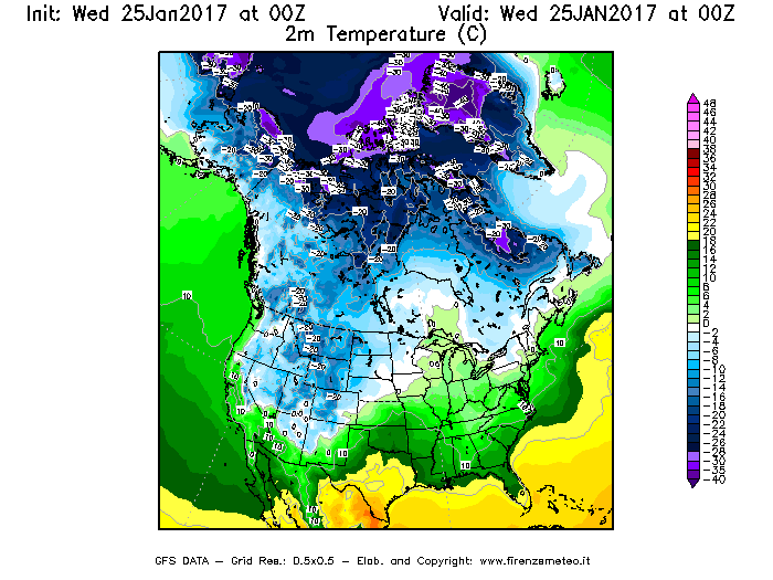 Mappa di analisi GFS - Temperatura a 2 metri dal suolo [°C] in Nord-America
							del 25/01/2017 00 <!--googleoff: index-->UTC<!--googleon: index-->