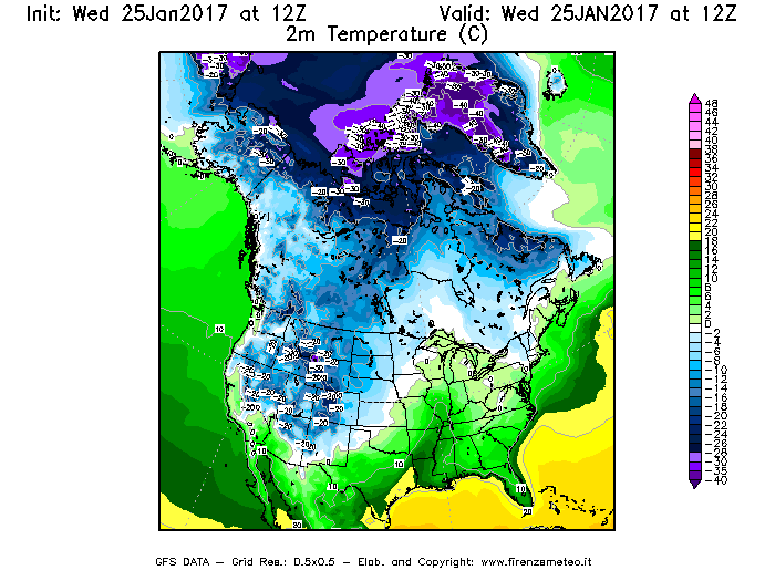 Mappa di analisi GFS - Temperatura a 2 metri dal suolo [°C] in Nord-America
							del 25/01/2017 12 <!--googleoff: index-->UTC<!--googleon: index-->