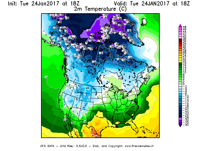 Mappa di analisi GFS - Temperatura a 2 metri dal suolo [°C] in Nord-America
							del 25/01/2017 18 <!--googleoff: index-->UTC<!--googleon: index-->