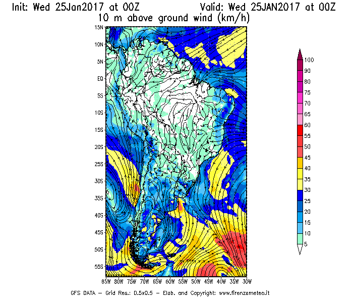 Mappa di analisi GFS - Velocità del vento a 10 metri dal suolo [km/h] in Sud-America
							del 25/01/2017 00 <!--googleoff: index-->UTC<!--googleon: index-->