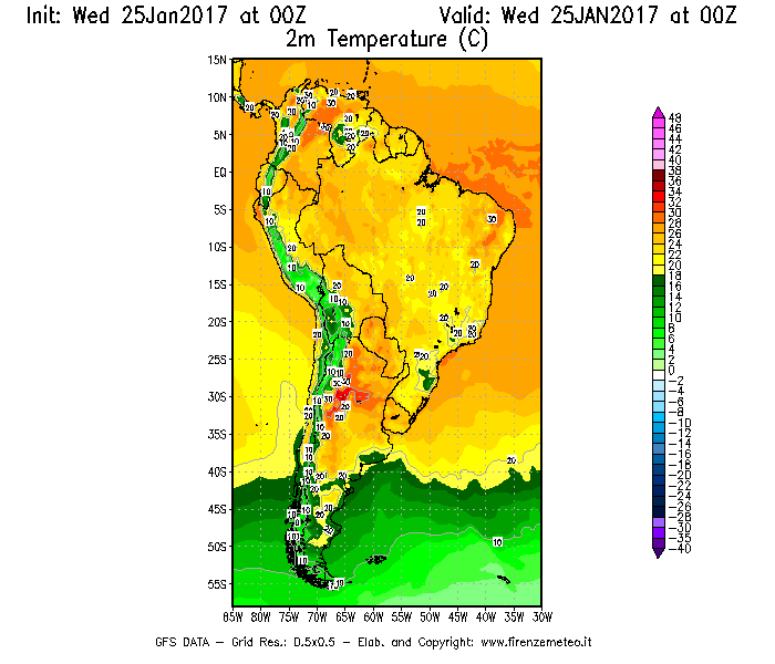 Mappa di analisi GFS - Temperatura a 2 metri dal suolo [°C] in Sud-America
							del 25/01/2017 00 <!--googleoff: index-->UTC<!--googleon: index-->