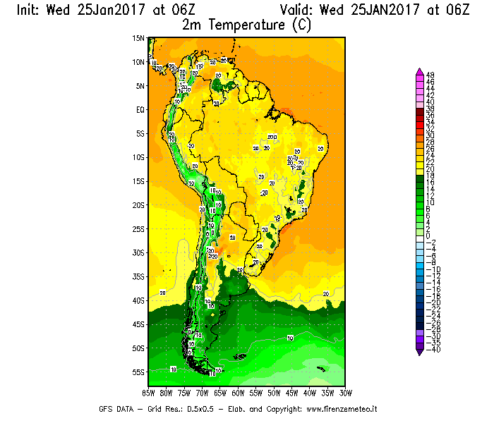 Mappa di analisi GFS - Temperatura a 2 metri dal suolo [°C] in Sud-America
							del 25/01/2017 06 <!--googleoff: index-->UTC<!--googleon: index-->