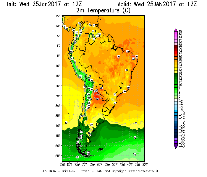 Mappa di analisi GFS - Temperatura a 2 metri dal suolo [°C] in Sud-America
							del 25/01/2017 12 <!--googleoff: index-->UTC<!--googleon: index-->
