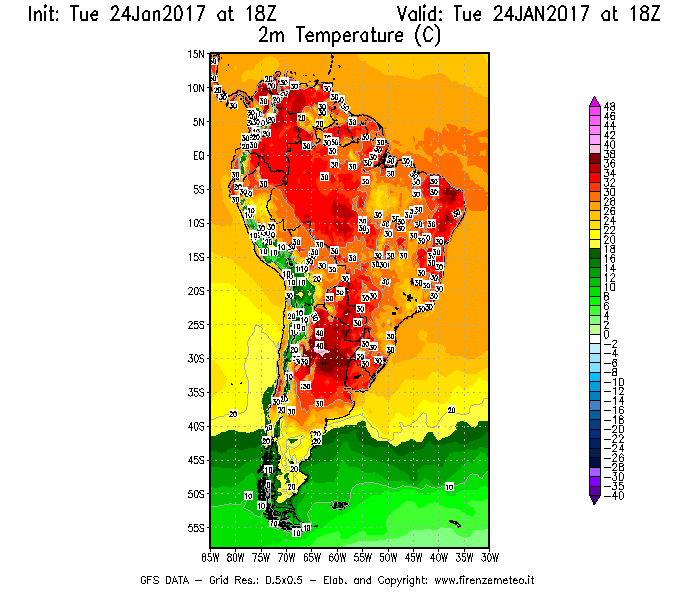 Mappa di analisi GFS - Temperatura a 2 metri dal suolo [°C] in Sud-America
							del 25/01/2017 18 <!--googleoff: index-->UTC<!--googleon: index-->