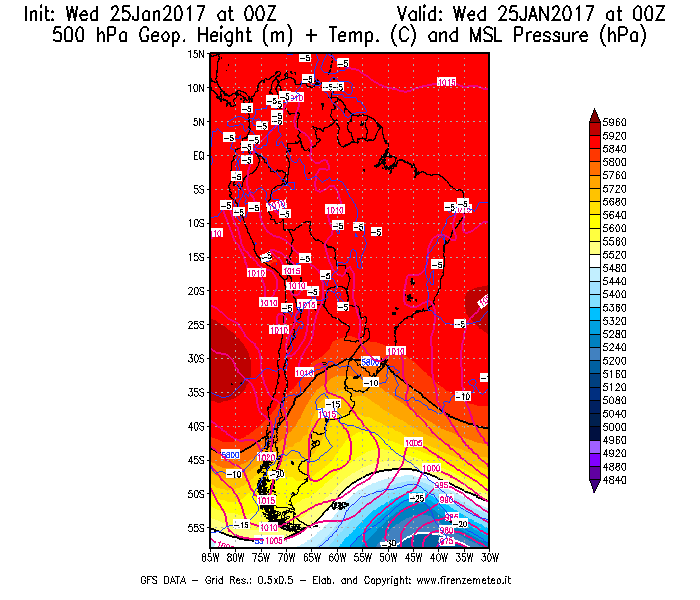 Mappa di analisi GFS - Geopotenziale [m] + Temp. [°C] a 500 hPa + Press. a livello del mare [hPa] in Sud-America
							del 25/01/2017 00 <!--googleoff: index-->UTC<!--googleon: index-->
