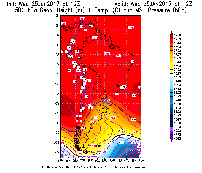 Mappa di analisi GFS - Geopotenziale [m] + Temp. [°C] a 500 hPa + Press. a livello del mare [hPa] in Sud-America
							del 25/01/2017 12 <!--googleoff: index-->UTC<!--googleon: index-->