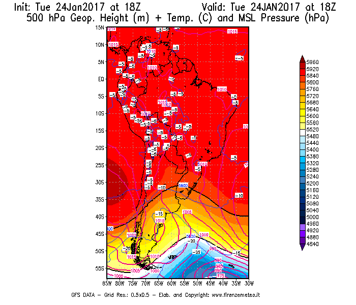 Mappa di analisi GFS - Geopotenziale [m] + Temp. [°C] a 500 hPa + Press. a livello del mare [hPa] in Sud-America
							del 25/01/2017 18 <!--googleoff: index-->UTC<!--googleon: index-->