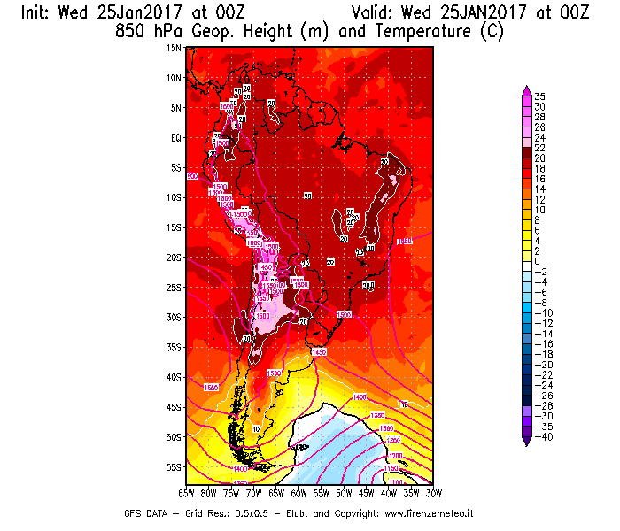 Mappa di analisi GFS - Geopotenziale [m] e Temperatura [°C] a 850 hPa in Sud-America
							del 25/01/2017 00 <!--googleoff: index-->UTC<!--googleon: index-->