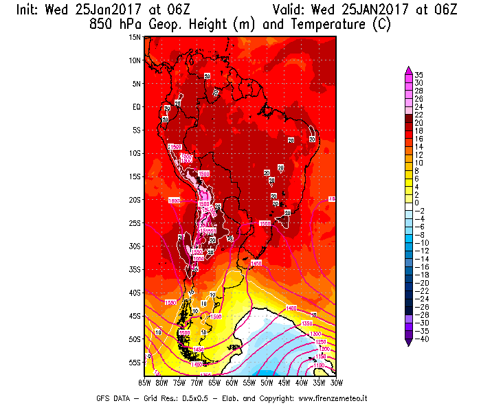 Mappa di analisi GFS - Geopotenziale [m] e Temperatura [°C] a 850 hPa in Sud-America
							del 25/01/2017 06 <!--googleoff: index-->UTC<!--googleon: index-->