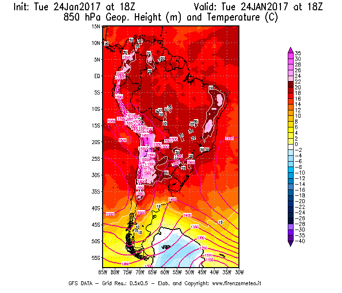 Mappa di analisi GFS - Geopotenziale [m] e Temperatura [°C] a 850 hPa in Sud-America
							del 25/01/2017 18 <!--googleoff: index-->UTC<!--googleon: index-->