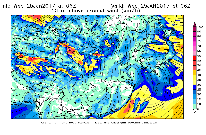 Mappa di analisi GFS - Velocità del vento a 10 metri dal suolo [km/h] in Asia Orientale
							del 25/01/2017 06 <!--googleoff: index-->UTC<!--googleon: index-->