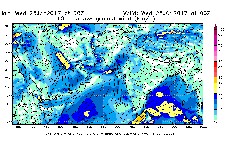 Mappa di analisi GFS - Velocità del vento a 10 metri dal suolo [km/h] in Asia Sud-Occidentale
							del 25/01/2017 00 <!--googleoff: index-->UTC<!--googleon: index-->