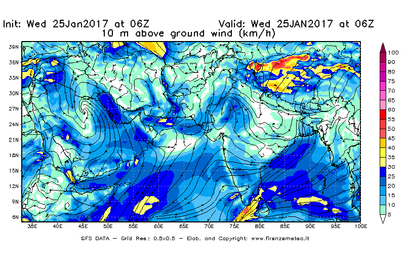 Mappa di analisi GFS - Velocità del vento a 10 metri dal suolo [km/h] in Asia Sud-Occidentale
							del 25/01/2017 06 <!--googleoff: index-->UTC<!--googleon: index-->