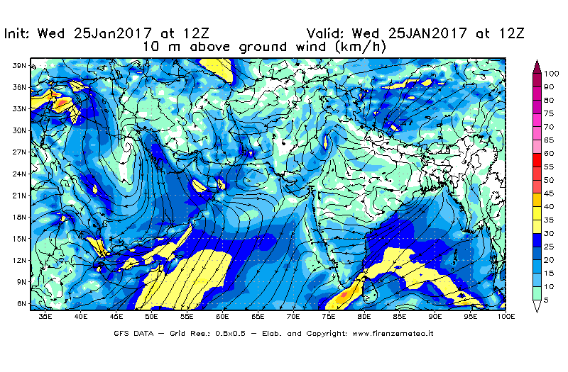 Mappa di analisi GFS - Velocità del vento a 10 metri dal suolo [km/h] in Asia Sud-Occidentale
							del 25/01/2017 12 <!--googleoff: index-->UTC<!--googleon: index-->