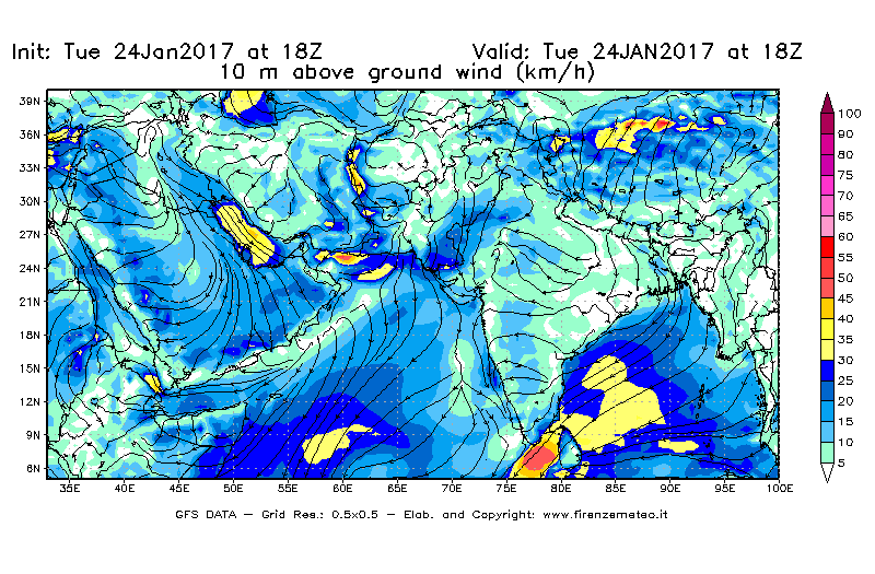 Mappa di analisi GFS - Velocità del vento a 10 metri dal suolo [km/h] in Asia Sud-Occidentale
							del 25/01/2017 18 <!--googleoff: index-->UTC<!--googleon: index-->