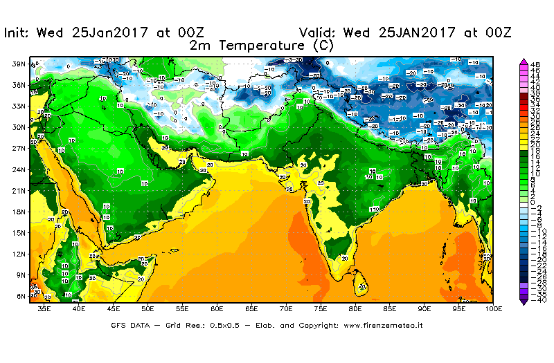 Mappa di analisi GFS - Temperatura a 2 metri dal suolo [°C] in Asia Sud-Occidentale
							del 25/01/2017 00 <!--googleoff: index-->UTC<!--googleon: index-->
