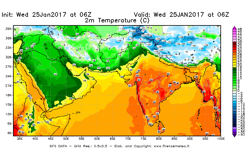 Mappa di analisi GFS - Temperatura a 2 metri dal suolo [°C] in Asia Sud-Occidentale
							del 25/01/2017 06 <!--googleoff: index-->UTC<!--googleon: index-->