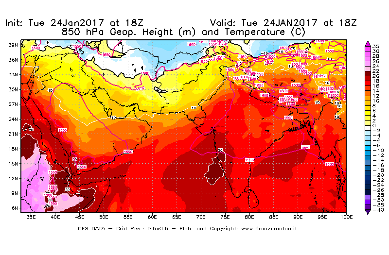 Mappa di analisi GFS - Geopotenziale [m] e Temperatura [°C] a 850 hPa in Asia Sud-Occidentale
							del 25/01/2017 18 <!--googleoff: index-->UTC<!--googleon: index-->