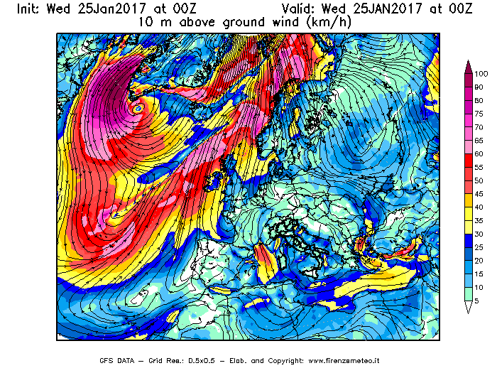 Mappa di analisi GFS - Velocità del vento a 10 metri dal suolo [km/h] in Europa
							del 25/01/2017 00 <!--googleoff: index-->UTC<!--googleon: index-->