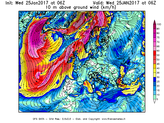 Mappa di analisi GFS - Velocità del vento a 10 metri dal suolo [km/h] in Europa
							del 25/01/2017 06 <!--googleoff: index-->UTC<!--googleon: index-->