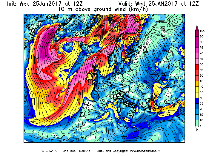 Mappa di analisi GFS - Velocità del vento a 10 metri dal suolo [km/h] in Europa
							del 25/01/2017 12 <!--googleoff: index-->UTC<!--googleon: index-->