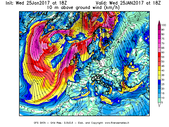 Mappa di analisi GFS - Velocità del vento a 10 metri dal suolo [km/h] in Europa
							del 25/01/2017 18 <!--googleoff: index-->UTC<!--googleon: index-->