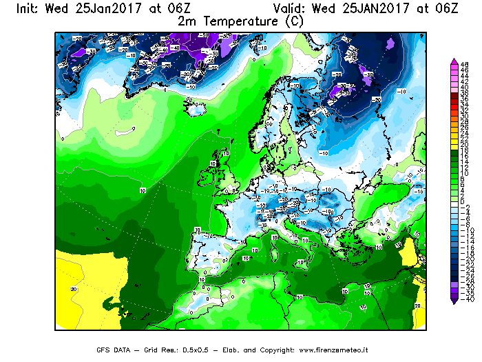 Mappa di analisi GFS - Temperatura a 2 metri dal suolo [°C] in Europa
							del 25/01/2017 06 <!--googleoff: index-->UTC<!--googleon: index-->