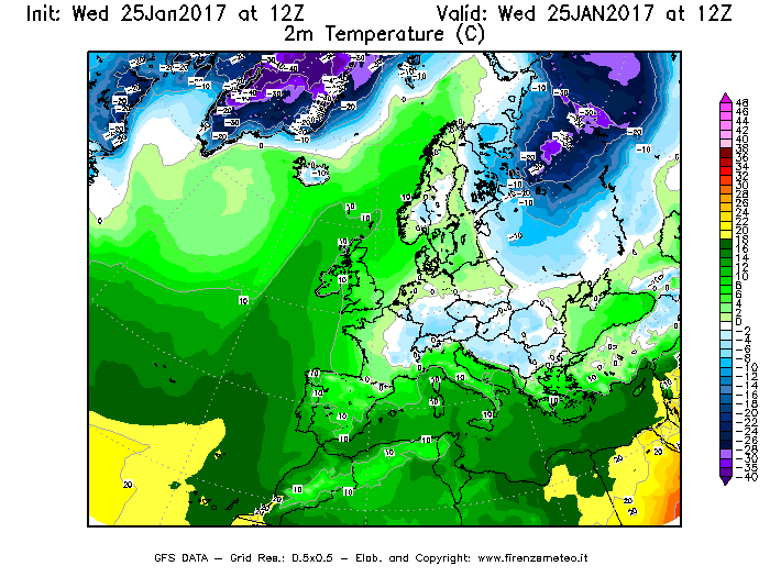 Mappa di analisi GFS - Temperatura a 2 metri dal suolo [°C] in Europa
							del 25/01/2017 12 <!--googleoff: index-->UTC<!--googleon: index-->