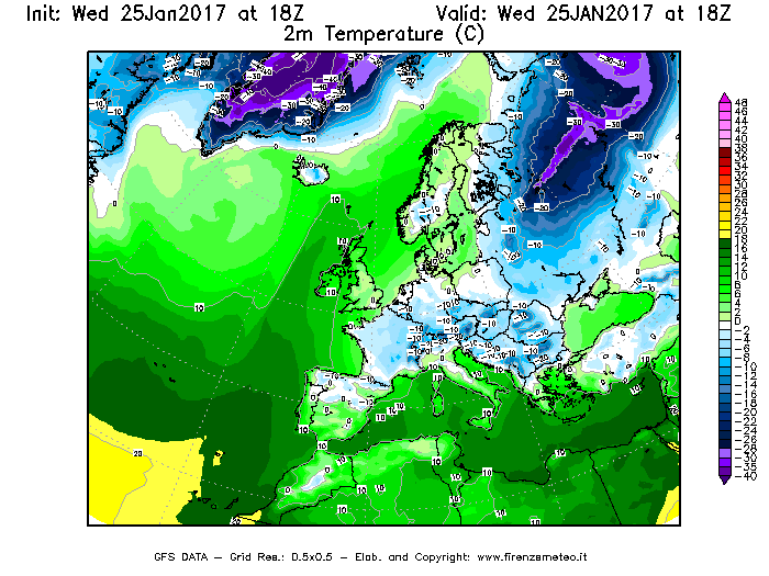 Mappa di analisi GFS - Temperatura a 2 metri dal suolo [°C] in Europa
							del 25/01/2017 18 <!--googleoff: index-->UTC<!--googleon: index-->