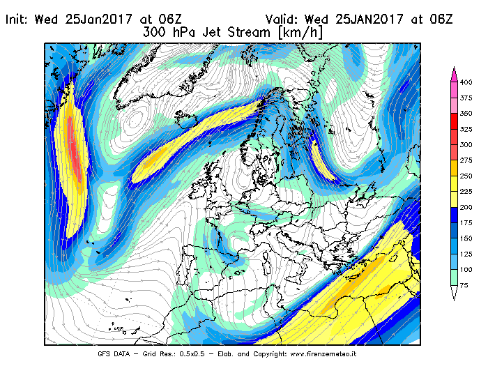 Mappa di analisi GFS - Jet Stream a 300 hPa in Europa
							del 25/01/2017 06 <!--googleoff: index-->UTC<!--googleon: index-->
