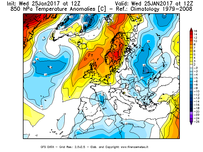 Mappa di analisi GFS - Anomalia Temperatura [°C] a 850 hPa in Europa
							del 25/01/2017 12 <!--googleoff: index-->UTC<!--googleon: index-->