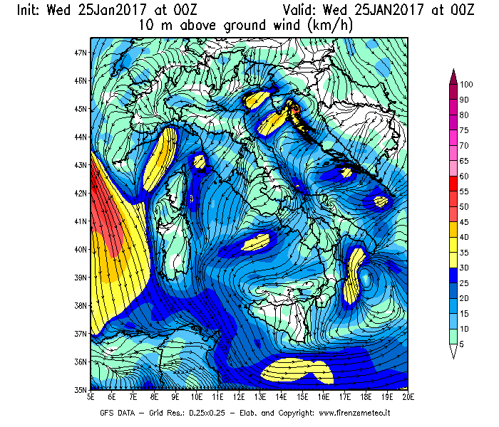 Mappa di analisi GFS - Velocità del vento a 10 metri dal suolo [km/h] in Italia
							del 25/01/2017 00 <!--googleoff: index-->UTC<!--googleon: index-->