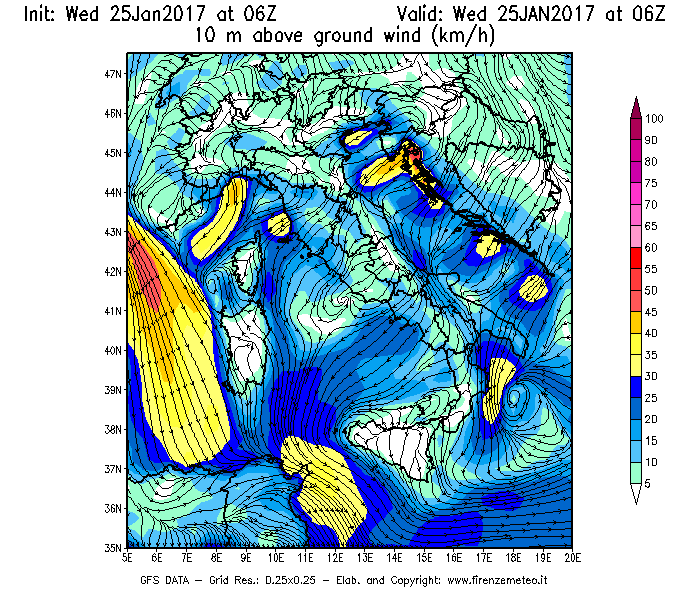 Mappa di analisi GFS - Velocità del vento a 10 metri dal suolo [km/h] in Italia
							del 25/01/2017 06 <!--googleoff: index-->UTC<!--googleon: index-->