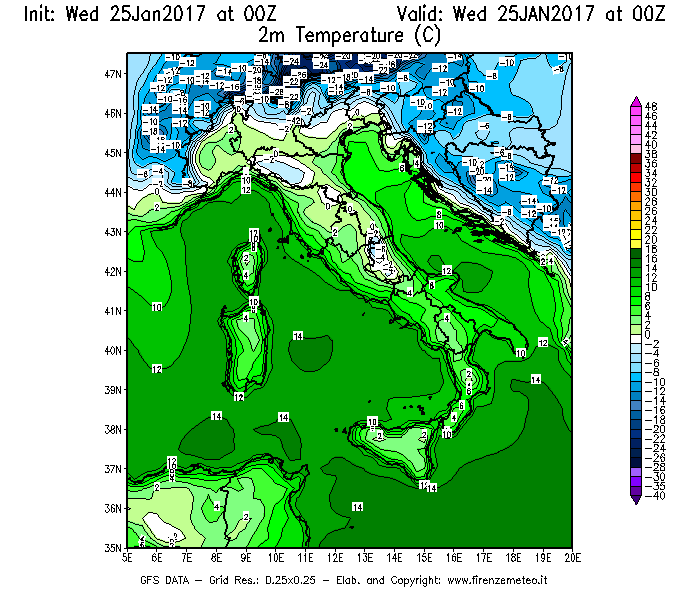 Mappa di analisi GFS - Temperatura a 2 metri dal suolo [°C] in Italia
							del 25/01/2017 00 <!--googleoff: index-->UTC<!--googleon: index-->