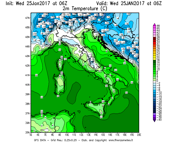 Mappa di analisi GFS - Temperatura a 2 metri dal suolo [°C] in Italia
							del 25/01/2017 06 <!--googleoff: index-->UTC<!--googleon: index-->