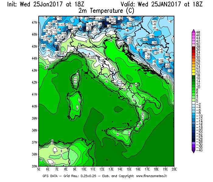 Mappa di analisi GFS - Temperatura a 2 metri dal suolo [°C] in Italia
							del 25/01/2017 18 <!--googleoff: index-->UTC<!--googleon: index-->