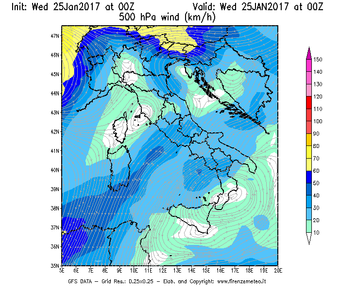 Mappa di analisi GFS - Velocità del vento a 500 hPa [km/h] in Italia
							del 25/01/2017 00 <!--googleoff: index-->UTC<!--googleon: index-->