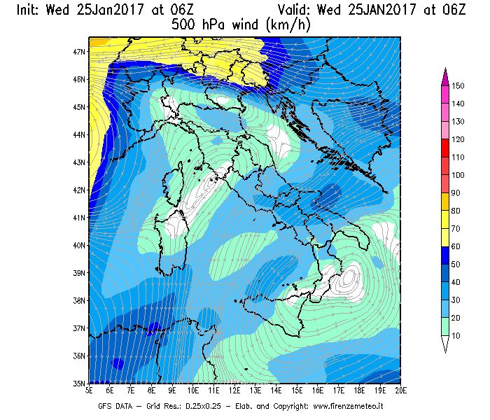 Mappa di analisi GFS - Velocità del vento a 500 hPa [km/h] in Italia
							del 25/01/2017 06 <!--googleoff: index-->UTC<!--googleon: index-->