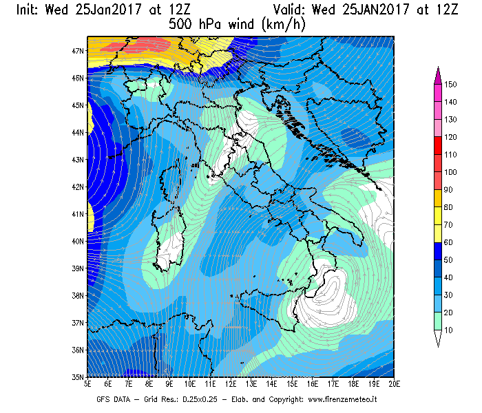 Mappa di analisi GFS - Velocità del vento a 500 hPa [km/h] in Italia
							del 25/01/2017 12 <!--googleoff: index-->UTC<!--googleon: index-->