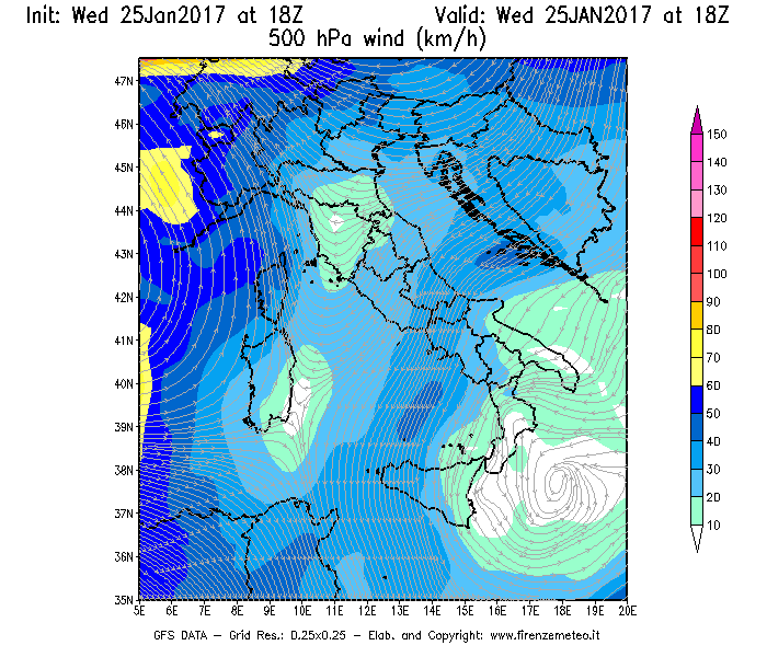 Mappa di analisi GFS - Velocità del vento a 500 hPa [km/h] in Italia
							del 25/01/2017 18 <!--googleoff: index-->UTC<!--googleon: index-->