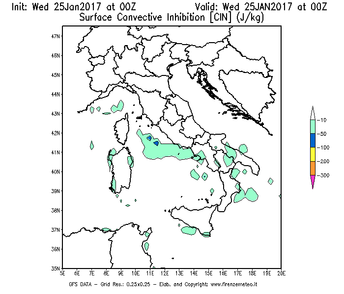 Mappa di analisi GFS - CIN [J/kg] in Italia
							del 25/01/2017 00 <!--googleoff: index-->UTC<!--googleon: index-->