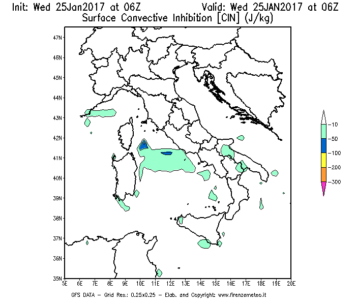 Mappa di analisi GFS - CIN [J/kg] in Italia
							del 25/01/2017 06 <!--googleoff: index-->UTC<!--googleon: index-->