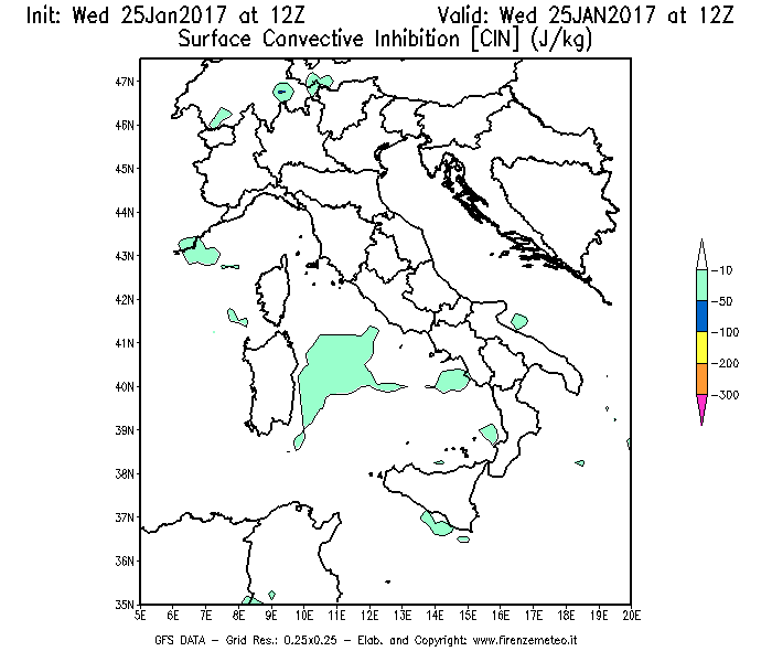 Mappa di analisi GFS - CIN [J/kg] in Italia
							del 25/01/2017 12 <!--googleoff: index-->UTC<!--googleon: index-->