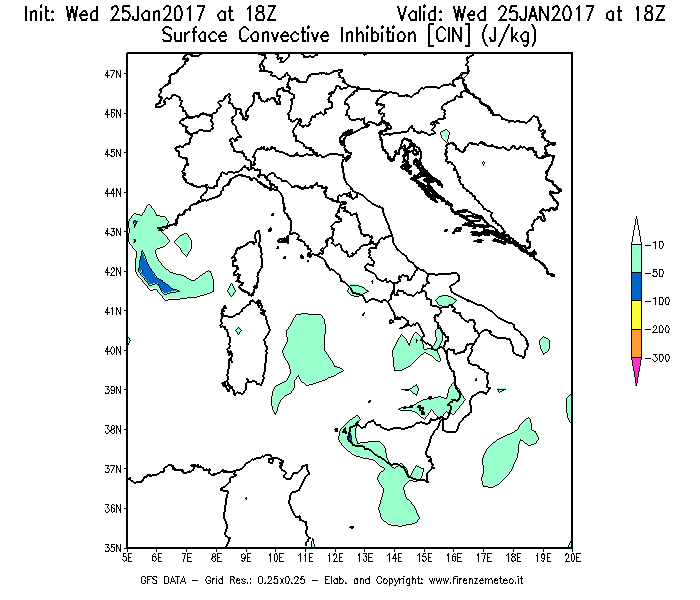 Mappa di analisi GFS - CIN [J/kg] in Italia
							del 25/01/2017 18 <!--googleoff: index-->UTC<!--googleon: index-->