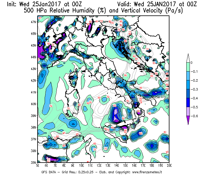 Mappa di analisi GFS - Umidità relativa [%] e Omega [Pa/s] a 500 hPa in Italia
							del 25/01/2017 00 <!--googleoff: index-->UTC<!--googleon: index-->