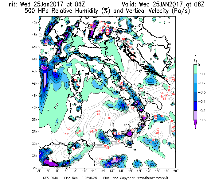 Mappa di analisi GFS - Umidità relativa [%] e Omega [Pa/s] a 500 hPa in Italia
							del 25/01/2017 06 <!--googleoff: index-->UTC<!--googleon: index-->