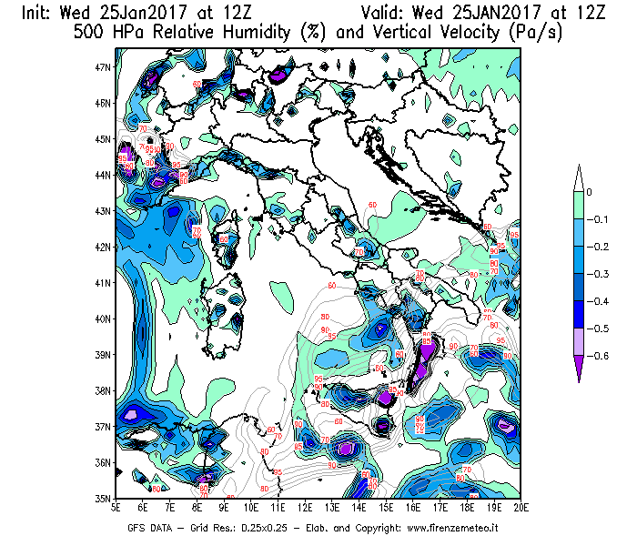 Mappa di analisi GFS - Umidità relativa [%] e Omega [Pa/s] a 500 hPa in Italia
							del 25/01/2017 12 <!--googleoff: index-->UTC<!--googleon: index-->